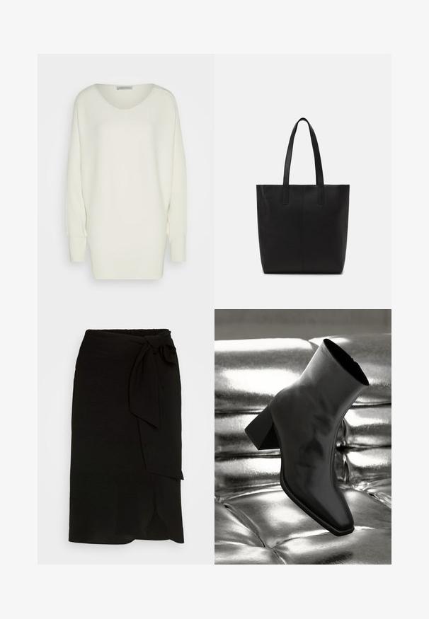 Pull blanc surdimensionné en tricot côtelé, présente un large col, des épaules tombantes et des manches longues avec des poignets ajustés.; Jupe portefeuille noire en tissu texturé, dotée d'un lien sur le côté, d'un design droit et d'une fente à l'ourlet.; Botte noire à la cheville en matériau brillant avec un bout carré et un talon effilé, sur un fond argenté brillant et capitonné.; Sac fourre-tout noir en matériau texturé, avec deux longues poignées et un design simple et minimaliste sans hardware visible.