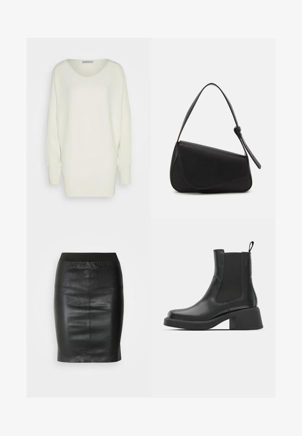 Pull blanc surdimensionné en tricot côtelé, présente un large col, des épaules tombantes et des manches longues avec des poignets ajustés.; Jupe crayon noire en cuir lisse, dotée d'une taille élastique pour une silhouette ajustée et un design minimaliste.; Bottines en cuir noir avec des panneaux élastiques sur les côtés, un bout rond et un talon épais. Texture lisse avec un design minimaliste.; Sac à main en cuir noir de forme triangulaire, avec un rabat incliné et une poignée supérieure arrondie. Il présente une texture lisse et des détails de design minimalistes.