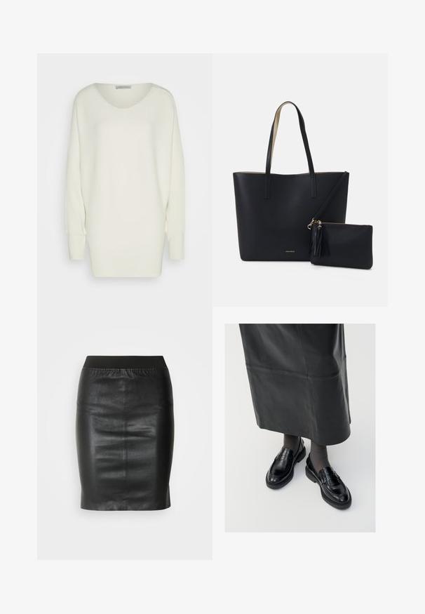 Overdimensioneret hvid sweater i ribbet strikstof, med en bred halsudskæring, sænkede skuldre og lange ærmer med tætsiddende manchetter.; Sort pencilsyning lavet af glat læder, med en elastisk talje for en tætsiddende silhuet og minimalistisk design.; Sorte læder loafers med en glat finish, prydet med en dekorativ rem, rund tå og tekstureret sål. Båret med en lang sort læderskirt.; Sort tote taske med struktureret materiale, to lange håndtag og en aftagelig lynlåspose med en frynse-detalje. Guld mærkelogo synligt.