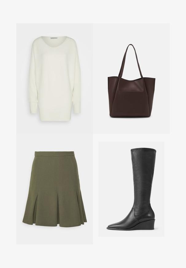 Overdimensioneret hvid sweater i ribbet strikstof, med en bred halsudskæring, sænkede skuldre og lange ærmer med tætsiddende manchetter.; Even&Odd by Zalando Mini skirts - khaki; Knæhøje sorte læderstøvler med en glat overflade, spids tå og kilehæl; har en syet kant øverst.; Brun tote taske lavet af glat materiale, med en stor frontlomme, to håndtag og et forenklet, struktureret design.