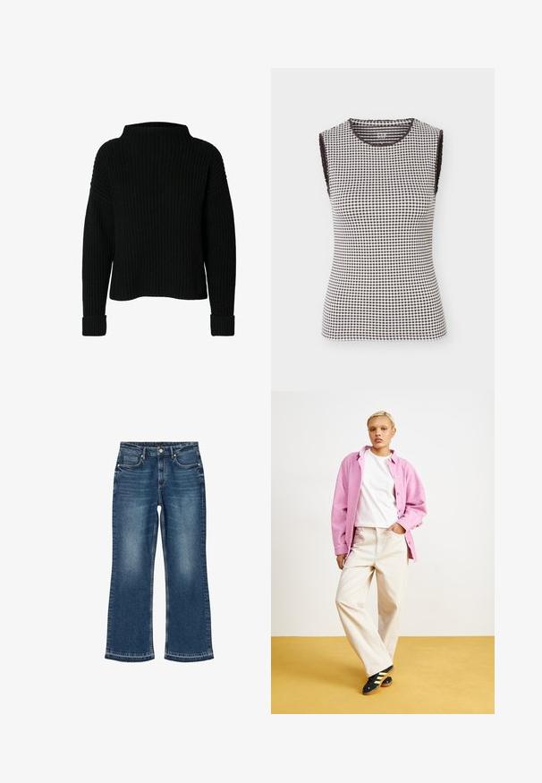 Sort strikket sweater med høj hals, ribbet tekstur og lange ærmer. Har brede manchetter ved håndleddene og en afslappet pasform.; Ærmeløs sort-hvid ternet top med rund halsudskæring og sort kant ved ærmegab og krave, vist på ensfarvet baggrund.; Blå denimjeans med lige ben, frontknap, lynlås og design med fem lommer, der viser lettonede detaljer.; Lyserød fløjls skjorte over en hvid t-shirt, parret med beige brede bukser og sorte sko med gule striber. Sat mod en gul baggrund.