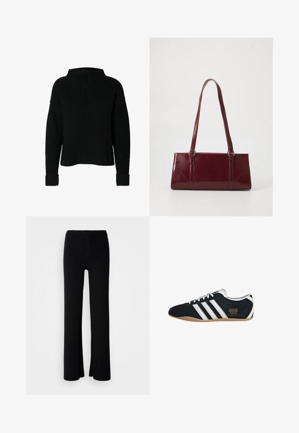 Sort strikket sweater med høj hals, ribbet tekstur og lange ærmer. Har brede manchetter ved håndleddene og en afslappet pasform.; Sorte buks med vide ben lavet af blødt stof, der har lukning foran med knap og et glat, udekoreret design.; Sort ruskinds sneaker med hvide tre striber, guldlogo og en brun gummisål. Har et lavprofil snørebåndsdesign.; Bordeaux håndtaske lavet af glansfuldt materiale, rektangulær form, med to skulderremme og subtile buede detaljer på forsiden.
