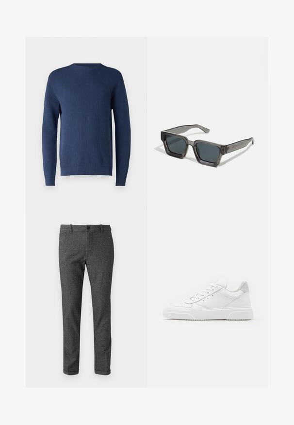 Suéter de punto azul marino con cuello redondo, mangas largas, puños y dobladillo acanalados. La tela presenta un patrón texturizado.; Pantalones de mezcla de lana gris de corte slim, con frente plano, cierre de botón y dobladillo enrollado. Textura sutil y diseño clásico.; Zapatillas de cuero blanca con un acabado suave, punta redondeada, cordones planos y una suela texturada. Acento de ante gris en el talón.; Jack & Jones JACPETER SUNGLASSES UNISEX - Gafas de sol - grey