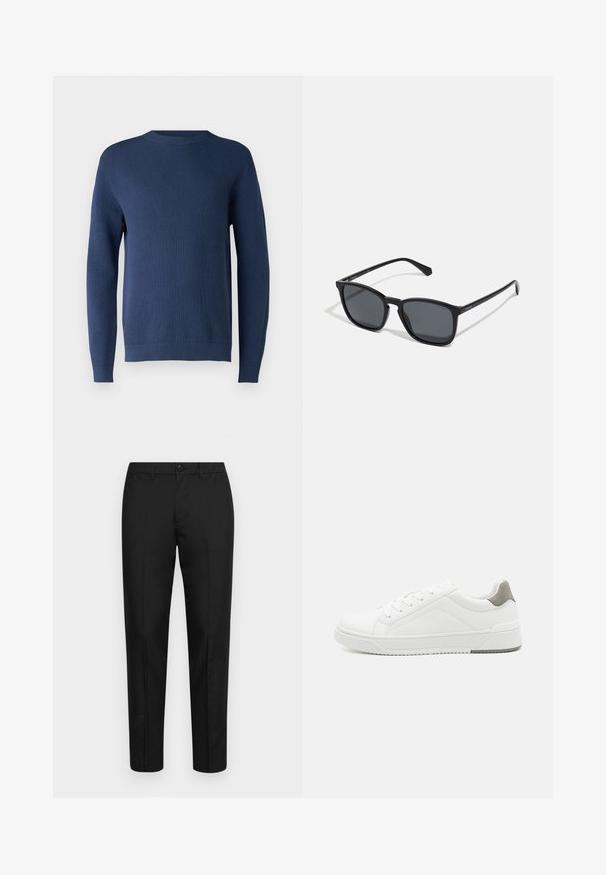 Mørkeblå strikket sweater med rund hals, lange ærmer, ribbede manchetter og kant. Stoffet har et tekstureret mønster.; Sorte bukser lavet af glat stof med slim fit, med knaplukning, bæltestropper og lige ben.; Hvid sneaker lavet af glat læder, rund tå, minimalistisk design, grå hælafsats og tekstureret gummisål.; Sorte rektangulære solbriller med mørke linser, slanke plastikrammer og lige arme. Har et diskret logo på siden.