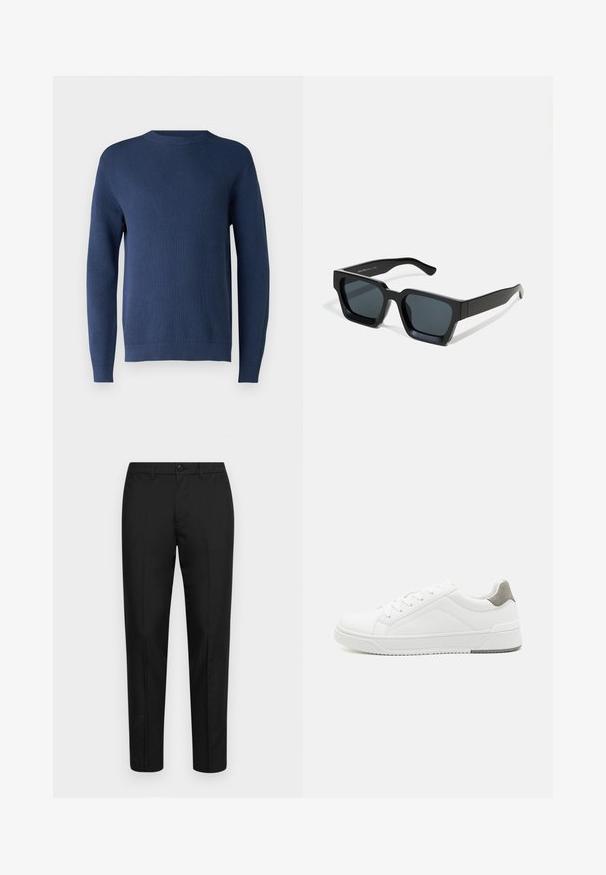 Mørkeblå strikket sweater med rund hals, lange ærmer, ribbede manchetter og kant. Stoffet har et tekstureret mønster.; Sorte bukser lavet af glat stof med slim fit, med knaplukning, bæltestropper og lige ben.; Hvid sneaker lavet af glat læder, rund tå, minimalistisk design, grå hælafsats og tekstureret gummisål.; Sorte rektangulære solbriller med mørke linser. Tyk, glat plastikramme med let blank finish og lige stænger.