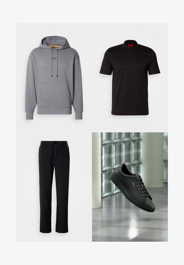 Sweatshirt à capuche gris avec poche frontale, cordons de serrage et logo "BOSS" centré sur la poitrine.; T-shirt noir à manches courtes avec un design à col haut. Fabriqué en tissu lisse. Présente une étiquette de marque rouge à l'intérieur du col.; Pantalon noir et léger avec une coupe droite. Doté d'une taille à cordon de serrage et d'une texture lisse. Convient pour une tenue décontractée.; Baskets basses en cuir noir avec lacets noirs et logo BOSS doré sur le côté, flottant au-dessus d’un sol gris brillant dans un espace intérieur moderne.