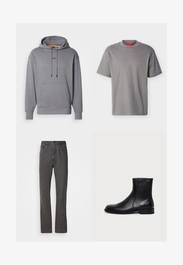 Γκρι φούτερ με κουκούλα, μπροστινή τσέπη, κορδόνια και λογότυπο "BOSS" κεντραρισμένο στο στήθος.; Γκρι κοντομάνικη μπλούζα με στρογγυλή λαιμόκοψη, με διακριτικό λογότυπο "HUGO" στο κέντρο του στήθους και κόκκινη ετικέτα της μάρκας μέσα στον γιακά.; Γκρι τζιν παντελόνι με ίσια γραμμή, που διαθέτει εμπρόσθιες τσέπες, κλείσιμο με κουμπί και διακριτή υφή.; Μαύρο δερμάτινο μποτάκι αστραγάλου με χαμηλό τακούνι, πλευρικό ράψιμο και μικρό λογότυπο "HUGO" στο επάνω μανσέτι σε μονόχρωμο φόντο.