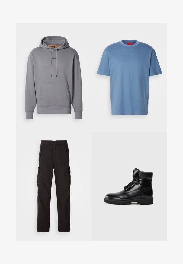 Sweatshirt à capuche gris avec poche frontale, cordons de serrage et logo "BOSS" centré sur la poitrine.; T-shirt en coton bleu clair à manches courtes, col rond, avec logo "HUGO" en relief sur le devant. Texture lisse et coupe décontractée.; Pantalons cargo noirs avec une coupe droite, une taille élastique, plusieurs poches latérales et un tissu texturé pour plus de durabilité.; Bottine en cuir noir avec une finition brillante, design à lacets, col rembourré et semelle en caoutchouc robuste avec des grips de traction.
