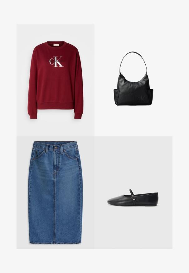 Burgundi värvi sweat-särk, millel on ümar kaelus, pikad varrukad ja hõbedane "Calvin Klein" logo. Pehme materjal, lõdva istuvuse ja soonikuvarrukatega.; Denimseelik põlvepikkuse lõikega, helesinisest kuni keskmise siniseni värvitud, viie tasku ja õmbluste ääres kaunistavate tikanditega.; Mustadest nahast balletitaldud, millel on terav nina, lame tald ja väike rihm koos hõbedase detailiga.; Mustast nahast õlakott ühe rihmaga, küljetaskudega ja peene reljeefse Calvin Kleini logoga ühe alumise paremal eespool.