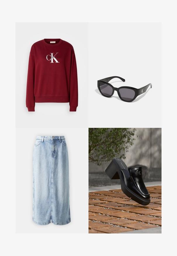 Bordeauxfarbener Sweatshirt mit Rundhalsausschnitt, langen Ärmeln und silbernem "Calvin Klein"-Logo. Weicher Stoff mit lockerer Passform und gerippten Bündchen.; Jeansrock in Hellblau, mit geradem Schnitt, Gürtelschlaufen, Fronttaschen und sichtbaren Nähten entlang des Saums und der Nähte.; Schwarze Leder-Slip-on-Mule von Calvin Klein mit Blockabsatz, die auf Holzfliesen im Freien nahe einer grünen Pflanze und einer grauen Wand ruht.; Schwarze Sonnenbrille mit einem schlanken, kantigen Design, dunklen Gläsern und einem kontrastierenden silbernen Logo an der Seite. Glatte Kunststoffoberfläche.