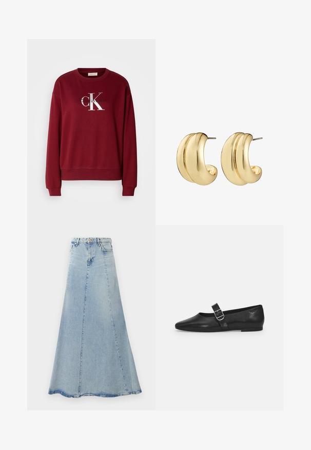 Bordeauxfarbener Sweatshirt mit Rundhalsausschnitt, langen Ärmeln und silbernem "Calvin Klein"-Logo. Weicher Stoff mit lockerer Passform und gerippten Bündchen.; Helle blaue Denim-Rock mit ausgestellter A-Linien-Form, ausgestattet mit einer Frontknopfschließe, Gürtelschlaufen und sichtbaren Nähdetails.; Schwarzer Lederflatschuh mit runder Zehenform, einem verstellbaren Schnallenriemen und einer glatten, glänzenden Oberfläche. Minimalistisches Design mit einem niedrigen Absatz.; Ein Paar glänzende Ohrstecker in goldfarbener Optik mit einem glatten, geschwungenen, leicht gedrehten Design und einem sicheren Steckverschluss.