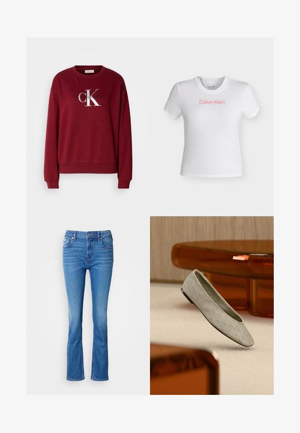 Bordeauxfarbener Sweatshirt mit Rundhalsausschnitt, langen Ärmeln und silbernem "Calvin Klein"-Logo. Weicher Stoff mit lockerer Passform und gerippten Bündchen.; Weißes kurzärmeliges, bauchfreies T-Shirt mit rundem Ausschnitt, mit rotem "Calvin Klein"-Logo und schwach sichtbarem "SPORT"-Schriftzug darüber auf der Brust.; Blaue Denim-Jeans mit ausgestelltem Bein und mittelhoher Taille, ausgestattet mit einem klassischen Fünf-Taschen-Design und subtiler Ausbleichung an den Knien.; Beiger Ballerinaschuh mit geometrischem Muster schwebt über einem hellen Teppich in einem modernen Zimmer mit bernsteinfarbenen Möbeln.