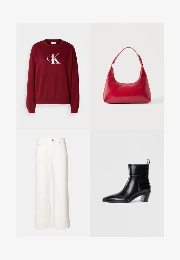 Bordeauxfarbener Sweatshirt mit Rundhalsausschnitt, langen Ärmeln und silbernem "Calvin Klein"-Logo. Weicher Stoff mit lockerer Passform und gerippten Bündchen.; Weiße Jeans mit weitem Bein, vorn mit Knopfleiste, Gürtelschlaufen und Fünf-Taschen-Design.; Schwarze Leder-Ankleboots mit spitzem Zeh, geometrischem Blockabsatz und einem Zugband hinten. Glatte Textur und elegantes Design.; Rote Lederschultertasche mit goldenem Reißverschluss und verstellbarem Schulterriemen, Calvin Klein Logo mittig vorne.