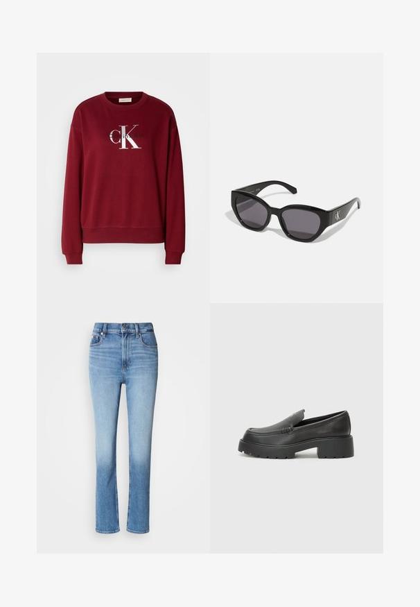 Burgundi värvi sweat-särk, millel on ümar kaelus, pikad varrukad ja hõbedane "Calvin Klein" logo. Pehme materjal, lõdva istuvuse ja soonikuvarrukatega.; Sinised teksased, millel on kõrge vöökoht, sirged sääred, pleekinud värvigradiendid ja viie tasku stiil. Metallist nööp ja lukuga sulgemine.; Mustad nahast loafers ümarate varvastega, paksu tekstuuriga tald ja minimaalsete õmbluse detailidega. Viimistletud disain, kus pole nähtavaid paelu ega riistu.; Mustad mustrayad, millel on sujuv, nurkne disain, tumedad läätsed ja kontrasteeriv hõbedane logo külgedel. Siledast plastikust tekstuur.