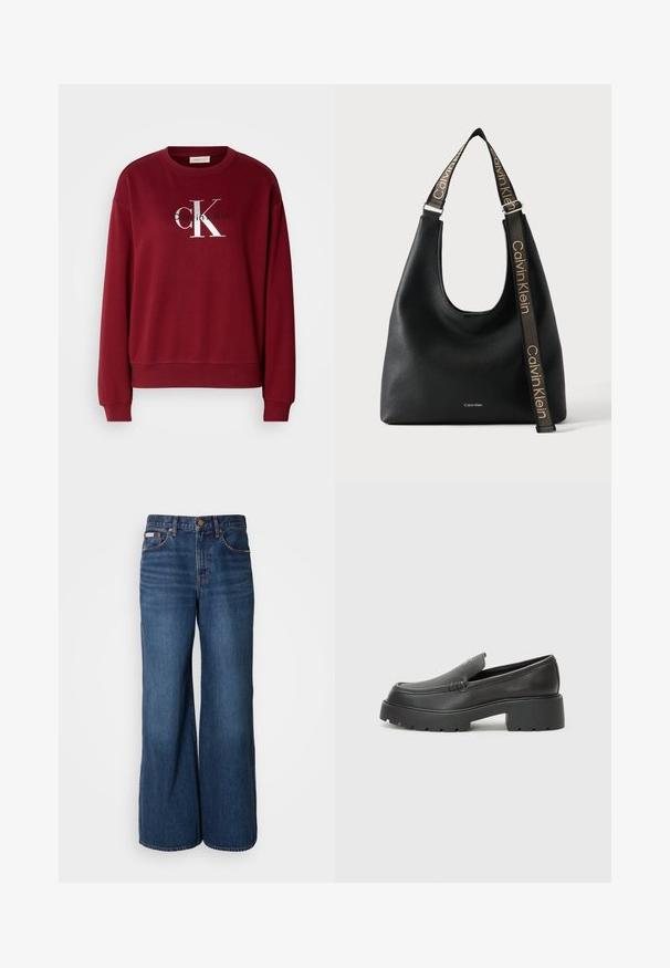 Bordeauxfarbener Sweatshirt mit Rundhalsausschnitt, langen Ärmeln und silbernem "Calvin Klein"-Logo. Weicher Stoff mit lockerer Passform und gerippten Bündchen.; Weite Jeans aus dunkelblauem Denim. Merkmale sind eine hohe Taille, fünf Taschen und kontrastierender orangefarbener Stitching entlang der Nähte.; Schwarze Lederloafer mit einer abgerundeten Spitze, dicker strukturierten Laufsohle und minimalen Nähten. Schlankes Design ohne sichtbare Schnürsenkel oder Beschläge.; Schwarze Calvin Klein Lederschultertasche mit breitem, verstellbarem Riemen und seitlich wiederholtem Calvin Klein Logo in Beige.