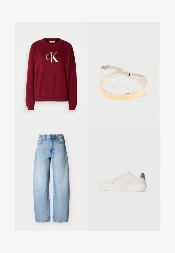 Bordeauxfarbener Sweatshirt mit Rundhalsausschnitt, langen Ärmeln und silbernem "Calvin Klein"-Logo. Weicher Stoff mit lockerer Passform und gerippten Bündchen.; Hellblaue gerade geschnittene Jeans aus Denim mit fünf Taschen, Gürtelschlaufen und einem vorderen Knopfverschluss.; Weißer Sneaker aus Leder mit glatter Textur, ausgestattet mit einem silbernen Akzent an der Ferse, flacher Sohle und minimalistischem Design.; Verschlungene, polierte Metallarmreifen in Silber- und Goldtönen, einer eingraviert mit dem "Calvin Klein"-Logo, auf einem weißen Hintergrund.
