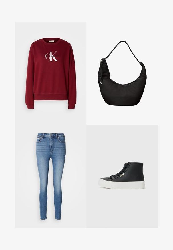 Bordeaux sweatshirt met een ronde hals, lange mouwen en een zilveren "Calvin Klein" logo. Zachte stof met een ontspannen pasvorm en geribbelde manchetten.; Slim fit jeans in lichtblauwe denim, met een hoge taille, klassiek vijf-pocket ontwerp en subtiele vervaging met stikselaccenten.; Zwarte hoge sneakers van glad leer met een witte rubberen zool. Voorzien van oogjes voor veters en een klein merksymbool aan de zijkant.; Zwarte schoudertas in halve maanvorm met verstelbare koordband en klein geperst CK-logo in het midden onderaan.