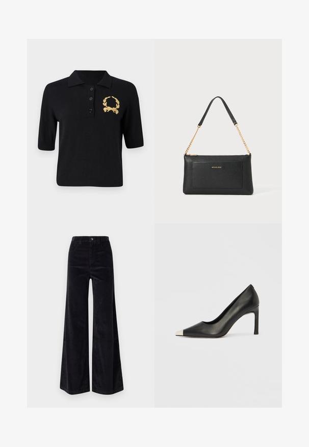 Sort kortærmet polo-shirt lavet af blødt stof, med krave, tre knapper og et guld laurbærkrans emblem på venstre bryst.; Sorte fløjl brede bukser med høj talje, knaplukning og frontlommer. Glat tekstur med lodret ribbet mønster.; Sort læder højhælet sko med spids tå og metal-sølv hætte. Har en glat finish og en slank hæl på 10 cm.; Sort læder clutch med pebble-tekstur, guld kædestrop og en frontlomme. Har et guld logo på forsiden.