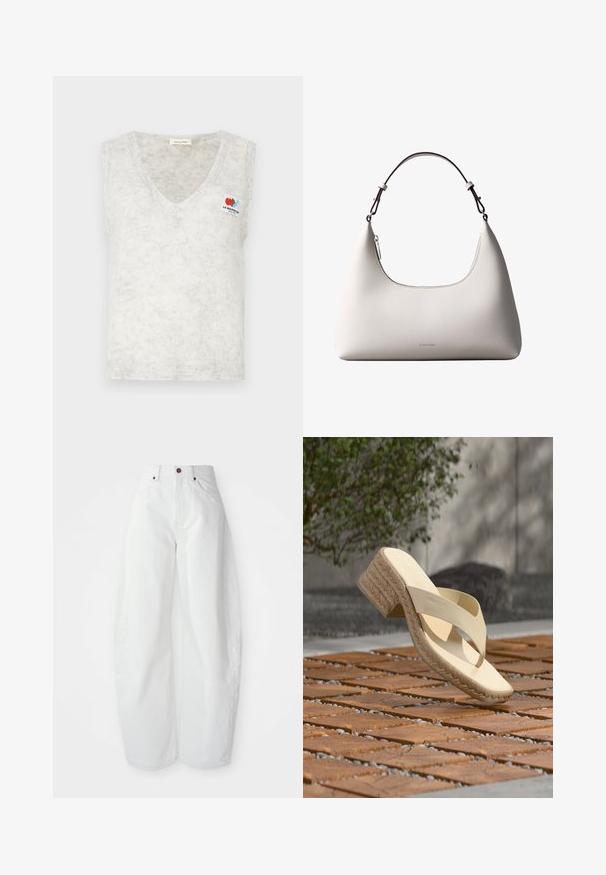 Hellgraues, ärmelloses Stricktop mit V-Ausschnitt; verfügt über ein kleines, farbenfrohes Logopatch auf der linken Brust. Sanfte Textur mit einem dezenten Muster.; Hochtaillierte weiße Denim-Hose mit lockerer Passform. Einfacher Knopfverschluss, seitliche Taschen und minimalistisches Design. Glatte Textur.; Beige Sandalette mit Absatz und gewebter Plateausohle, die über einem Terrakotta-Fliesen- und Steinweg im Freien schwebt, mit verschwommenem grünen Hintergrund.; Cremefarbene Calvin Klein Lederschultertasche mit gebogener Oberkante, silbernem Reißverschluss und dunkelbraunem verstellbarem Riemen.