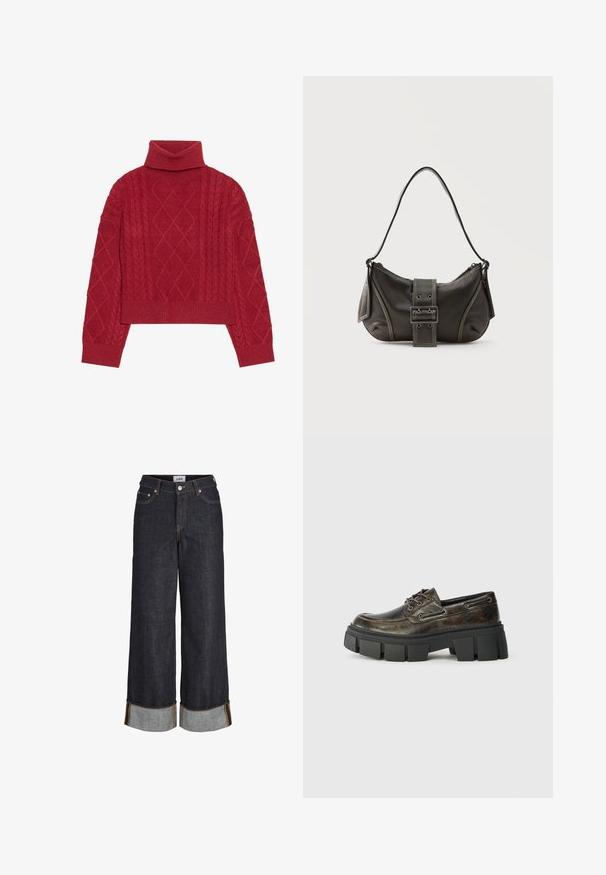 Pull en tricot rouge avec un col roulé haut, un motif en tricot câblé avec des motifs en losange, et des poignets et un ourlet côtelés.; Jean large bleu foncé avec ourlets retroussés, cinq poches et surpiqûres contrastantes jaunes.; Chaussure en cuir marron foncé à lacets avec une épaisse semelle noire chunky, surface texturée, et couture mocassin sur fond lisse.; Sac à épaule en cuir noir avec une sangle à boucle, des bords arrondis et des coutures blanches contrastées sur un fond uni.
