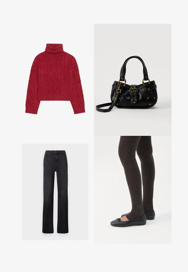 Pull en tricot rouge avec un col roulé haut, un motif en tricot câblé avec des motifs en losange, et des poignets et un ourlet côtelés.; Jean en denim noir à jambes droites avec une taille haute, un design à cinq poches et des coutures visibles. Texture lisse avec une finition légèrement délavée.; Jambes portant des leggings côtelés foncés associés à des ballerines noires avec de petits détails en nœud sur fond blanc.; Sac à main en cuir noir avec boucle dorée et détails à rivets, poignées courtes et bandoulière réglable sur fond blanc uni.