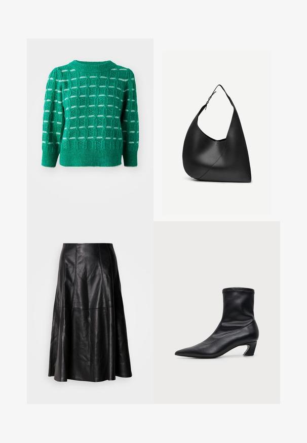 Suéter verde de punto que presenta un patrón geométrico calado, cuello y dobladillo acanalados, y mangas abullonadas. Acentos a rayas en blanco.; Falda de cuero negro con una silueta acampanada, que presenta costuras visibles y una textura suave. Diseño de longitud media con un corte clásico.; Bota de cuero negra hasta media pantorrilla con punta puntiaguda y tacón bajo curvado, mostrada de lado sobre un fondo claro y liso.; Bolso de hombro de cuero negro con forma triangular curva, una única correa ajustable y una costura diagonal visible en el frente.