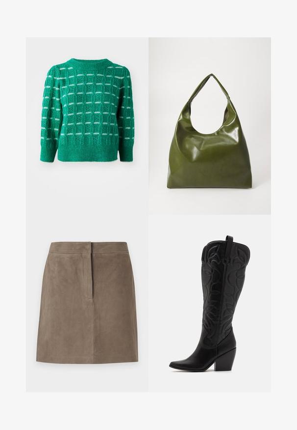 Suéter verde de punto que presenta un patrón geométrico calado, cuello y dobladillo acanalados, y mangas abullonadas. Acentos a rayas en blanco.; Falda de ante en color topo, de longitud a la rodilla y ajuste recto, con detalle de costura frontal oculta sobre un fondo liso.; Botas negras de cuero hasta la rodilla con punta puntiaguda y tacón apilado. Presentan costuras decorativas y elementos de diseño curvados.; Bolsa hobo verde de cuero con un diseño suave, asa curvada y textura lisa. No contiene hardware visible ni acentos.