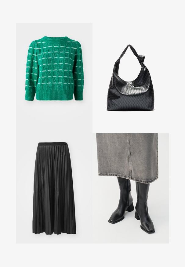 Suéter verde de punto que presenta un patrón geométrico calado, cuello y dobladillo acanalados, y mangas abullonadas. Acentos a rayas en blanco.; Falda larga negra plisada con una textura suave y cinturilla elástica, que presenta pliegues verticales que crean volumen y movimiento.; Botas negras hasta la rodilla de cuero liso con punta cuadrada y tacón cuadrado. Llevadas con una falda de mezclilla gris con dobladillo desflecado.; Bolso de cuero trenzado negro con un diseño relajado, que presenta una correa anudada y un pequeño tachuela dorada decorativa en la parte superior.