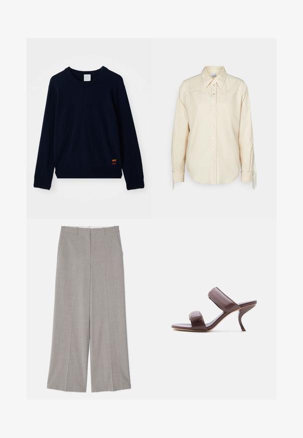 Marineblå langærmet crewneck sweater med ribbet manchetter og kant, prydet med en lille flerfarvet stribet applikation nær bunden.; Skjorte med knapper i lysebeige bomuld med broderede detaljer og frynsede detaljer på ærmerne; har en spids krave og knapper foran.; Lys grå, vide bukser i et glat, tekstureret stof. Funktioner omfatter sidelommer og en skræddersyet pasform med en lige skæring.; Brun læder sandal med åbne tæer, høj hæl med to polstrede stropper og buet stilet hæl, vist mod en hvid baggrund.
