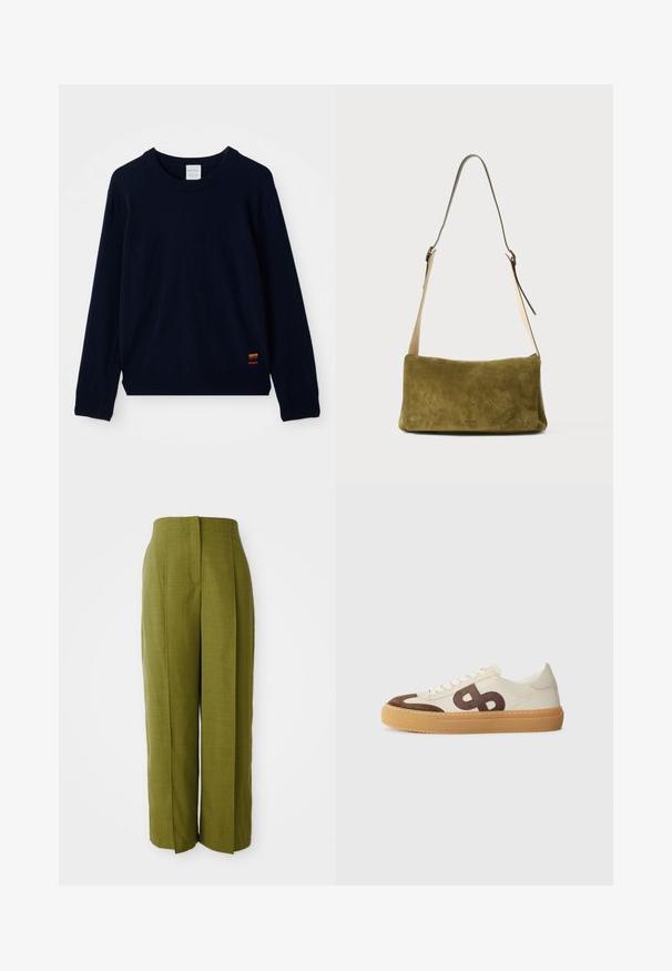 Pull à col ras du cou à manches longues bleu marine avec des poignets et un ourlet côtelés, présentant un petit patch à rayures multicolores près du bas.; Theory Pantalon classique - avocado; Baskets avec un dessus en toile crème, des accents en daim marron, un grand logo stylisé et une semelle en caoutchouc beige avec une texture antidérapante.; Sac à épaule en suède vert olive avec une forme rectangulaire lisse. Dispose d'une longue sangle en cuir ajustable et de matériel minimal.