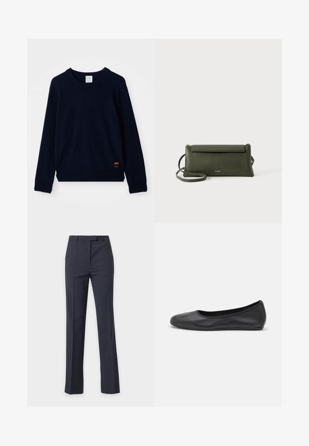 Marineblå langærmet crewneck sweater med ribbet manchetter og kant, prydet med en lille flerfarvet stribet applikation nær bunden.; Dame mørk marineblå skræddersyede bukser med lige ben, bæltestropper og frontpres foldet, vist mod en ensartet lys baggrund.; Sort læderballetsko med rund tå, glat tekstur, minimal syning og et fleksibelt såldesign.; Mørkegrøn struktureret læder crossbody taske med klaplukning og tynd justerbar rem, præget med lille guld "Bee Projects" logo.