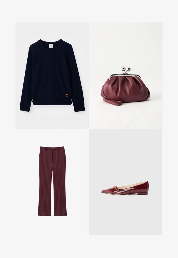 Marineblauwe langarm crewneck sweater met geribde manchetten en zoom, voorzien van een klein patch met meerkleurige strepen nabij de onderkant.; Bordeaux broek met verticale witte strepen, geweven stof, recht model, middelhoge taille, riemlussen en geen zichtbare zakken.; Bordeaux patent leren ballerina's met een puntige neus, voorzien van een klein uitsnijdetail en een lage hak. Glad textuur en een slank ontwerp.; Kleine bordeauxrode leren clutch-portemonnee met zilverkleurige metalen sluiting en polsbandje op een witte achtergrond.