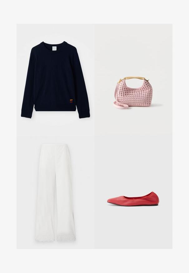 Marineblå langærmet crewneck sweater med ribbet manchetter og kant, prydet med en lille flerfarvet stribet applikation nær bunden.; Hvide bukser med vide ben og bølget udskåret blonderkant ved kanterne, elastisk taljebånd og glat stoftype.; Filippa K REY FLATS - Ballerinasko - bright red; Pink flettet læderhåndtaske med et kort, gyldent håndtag og en aftagelig lang rem på en ens hvid baggrund.