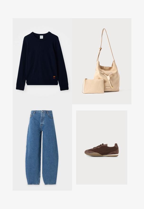 Marineblauwe langarm crewneck sweater met geribde manchetten en zoom, voorzien van een klein patch met meerkleurige strepen nabij de onderkant.; Blauwe high-waist jeans met wijde pijpen, vooraan sluiting met knoop en rits, voorzakken en riemlussen op een effen achtergrond.; Bruine suède en leren lage sneaker met veters, afgeronde neus en beige rubberen zool, gezien vanaf de buitenkant op een effen achtergrond.; Beige suède hobo tas met verstelbare riem en trekkoordsluiting, naast een kleine bijpassende leren pouch met ritssluiting.