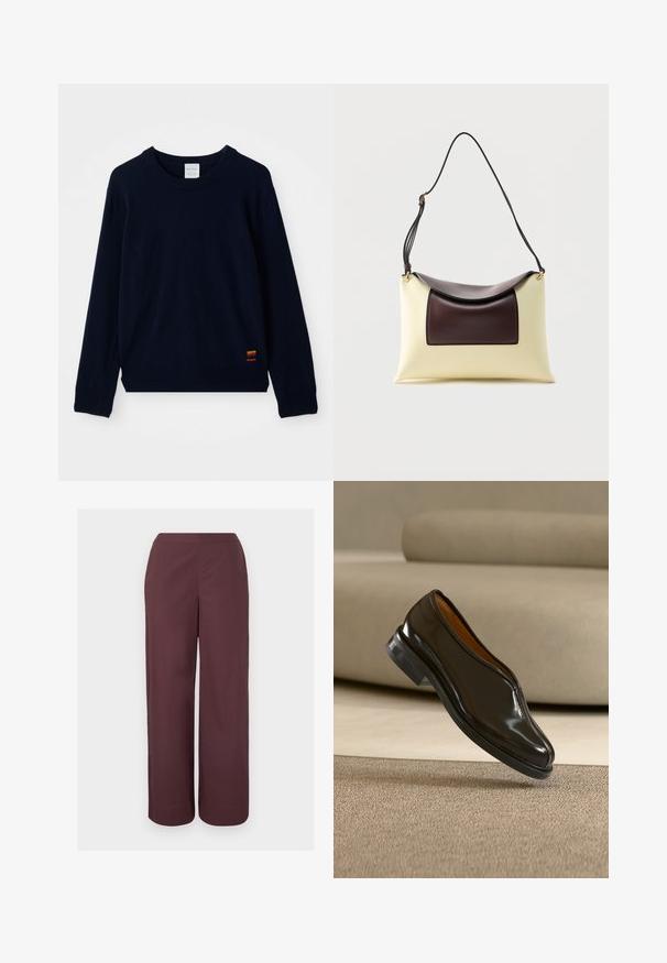 Marineblauwe langarm crewneck sweater met geribde manchetten en zoom, voorzien van een klein patch met meerkleurige strepen nabij de onderkant.; Bruine broek met hoge taille en wijde pijpen, met een gladde voorkant en zijzakken, weergegeven tegen een effen lichte achtergrond.; Zwarte leren slip-on nette schoen zwevend boven een beige tapijt met een gebogen beige bank op de achtergrond.; Crème- en donkerbruine leren schoudertas met gebogen flap en verstelbare zwarte riem op witte achtergrond.