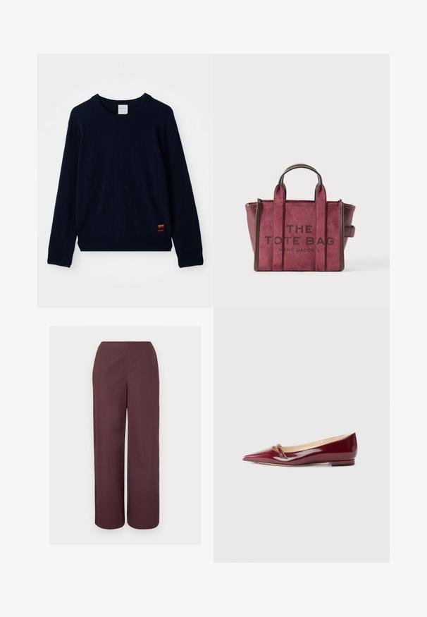 Pull à col ras du cou à manches longues bleu marine avec des poignets et un ourlet côtelés, présentant un petit patch à rayures multicolores près du bas.; Pantalon marron taille haute à jambes larges avec un devant lisse et des poches latérales, présenté sur un fond clair uni.; Ballerines en cuir verni bordeaux avec un bout pointu, présentant un petit détail découpé et un petit talon. Texture lisse et design épuré.; Sac fourre-tout en daim et cuir bordeaux avec des poignées courtes et un texte à l'avant indiquant "THE TOTE BAG MARC JACOBS" sur un fond blanc.