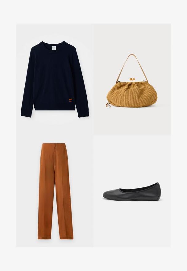 Marineblauwe langarm crewneck sweater met geribde manchetten en zoom, voorzien van een klein patch met meerkleurige strepen nabij de onderkant.; Wijde broekspijpen in een warme bruine kleur, met een zachte textuur, hoge taille en contrasterende witte stiksels langs de naden.; Zwarte leren ballerina met een ronde neus, gladde textuur, minimale stikdetails en een flexibele zoolontwerp.; Bruine geweven handtas met een afgeronde vorm, houten bolklemsluiting en een enkele dunne leren schouderriem.