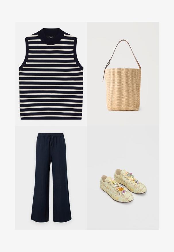 Top sans manches avec des rayures verticales navy et crème, encolure ronde côtelée, matériau en tricot doux, bords nets et design moderne.; Pantalon large bleu marine avec taille élastique et cordon, en tissu léger.; Baskets jaunes à motifs avec décorations en dentelle comprenant des étoiles, des fleurs et des breloques colorées sur un fond uni gris clair.; Sac fourre-tout beige tissé avec une seule bandoulière en cuir marron ajustable et un petit logo embossé près de la base.