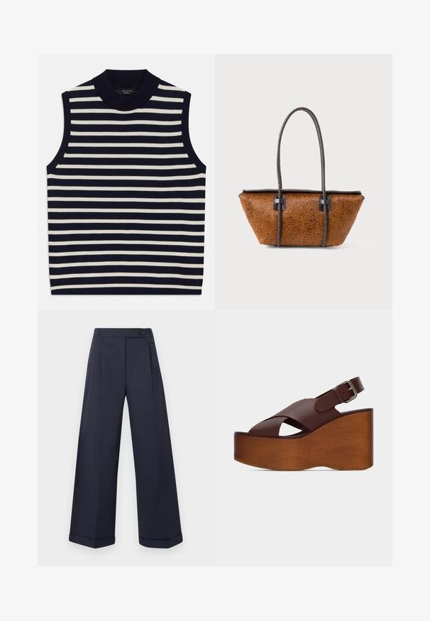 Top sans manches avec des rayures verticales navy et crème, encolure ronde côtelée, matériau en tricot doux, bords nets et design moderne.; Pantalon large bleu marine avec ourlets retournés, taille haute, boutons latéraux et plis à l'avant.; Sandale plateforme en cuir marron avec talon compensé en bois, brides croisées et boucle argentée réglable sur la bride de cheville.; Sac en cuir texturé marron avec une forme trapézoïdale et de longues poignées tressées marron foncé sur un fond blanc.