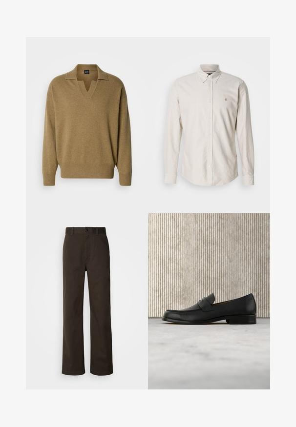 Pull en maille brun surdimensionné avec un col en V et des poignets côtelés. Confectionné en tissu doux avec une finition texturée et une coupe décontractée.; Chemise beige clair à manches longues avec boutons et col pointu, ornée d'un petit logo brodé. Tissu doux avec une texture lisse et ourlet droit.; Pantalons en coton marron avec une coupe droite, dotés d'une fermeture à bouton, de passants de ceinture et de détails de couture minimalistes.; Mocassin en cuir noir flottant au-dessus d'un tapis beige avec une table ronde brune brillante en arrière-plan.