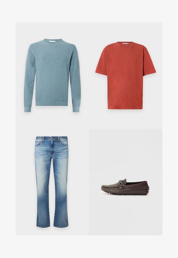 Pull bleu clair texturé avec un col rond et des manches longues. Les poignets et l'ourlet côtelés ajoutent une touche subtile au design.; T-shirt en coton rouge à manches courtes, col rond, avec un petit logo noir imprimé sur la poitrine gauche. Texture lisse, coupe décontractée.; Jean droit délavé bleu pour hommes avec fermeture à bouton et design à cinq poches sur fond blanc.; Chaussure slip-on en cuir marron présentant une finition texturée, une boucle décorative et une semelle en caoutchouc avec des détails de grip texturé.