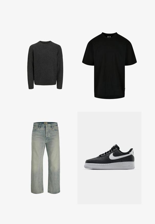 Mørkegrå ribbede sweater med lange ærmer og rund halsudskæring, lavet af tekstureret strikmateriale. Enkel og klassisk design.; Sort T-shirt lavet af bomuld, med rund halsudskæring og korte ærmer i en løs pasform. Enkel design, uden mønstre eller grafik.; Lyseblå denim jeans med lige ben, forlommer, bæltestropper og knaplukning.; Sort lædersneaker med tekstureret overflade, hvid Nike swoosh, grå sål, rund tå og snørebåndsdesign. Har perforeringer på tåboksen.