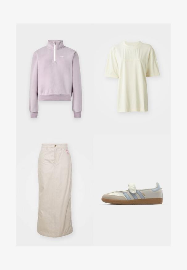 Pull-over en polaire lavande avec demi-fermeture éclair à l'avant, col haut, poignets et ourlet côtelés, et petit logo blanc sur la poitrine, posé à plat sur un fond blanc.; T-shirt en coton couleur crème avec un col rond, des manches courtes et un logo "adidas" en relief sur la poitrine. Texture lisse et coupe décontractée.; Jupe beige à rayures, taille haute, avec fermeture éclair dissimulée et bouton en métal. Inclut une petite étiquette de marque sur le devant.; adidas Originals SAMBA JANE BALLERINA - Babies - cloud white/halo blue