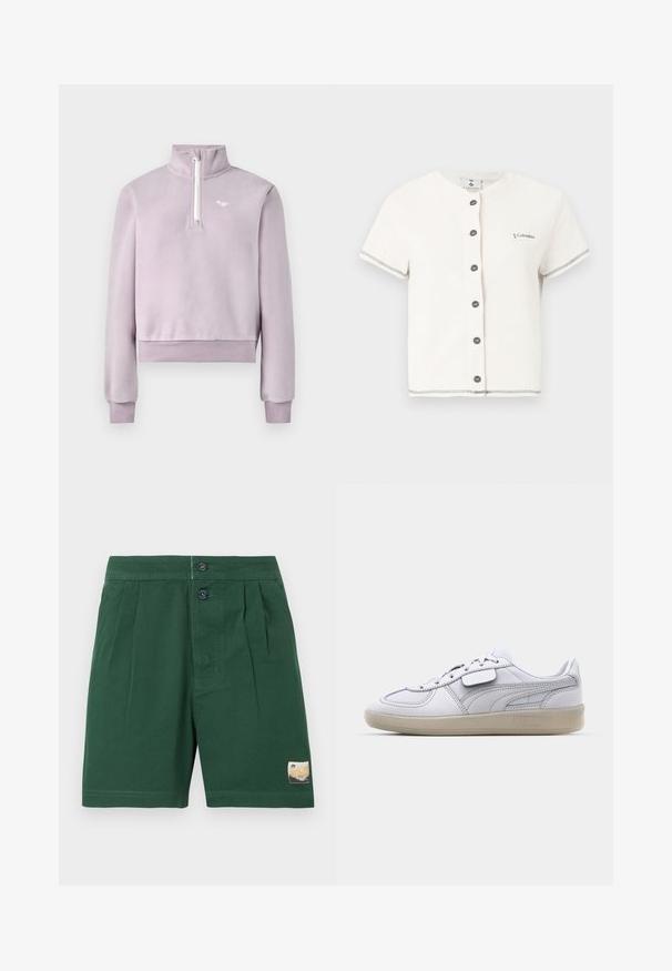 Pull-over en polaire lavande avec demi-fermeture éclair à l'avant, col haut, poignets et ourlet côtelés, et petit logo blanc sur la poitrine, posé à plat sur un fond blanc.; Cardigan blanc côtelé à manches courtes avec boutons sur le devant, encolure ronde, bordure grise aux manches et à l'ourlet, et petit logo Columbia sur la poitrine.; Shorts plissés vert foncé avec deux boutons à l'avant et un petit patch rectangulaire sur la jambe gauche près de l'ourlet.; Baskets blanches en cuir avec des accents gris, fermeture à lacets et semelle en caoutchouc texturée. Présente un logo bien en vue sur le côté.