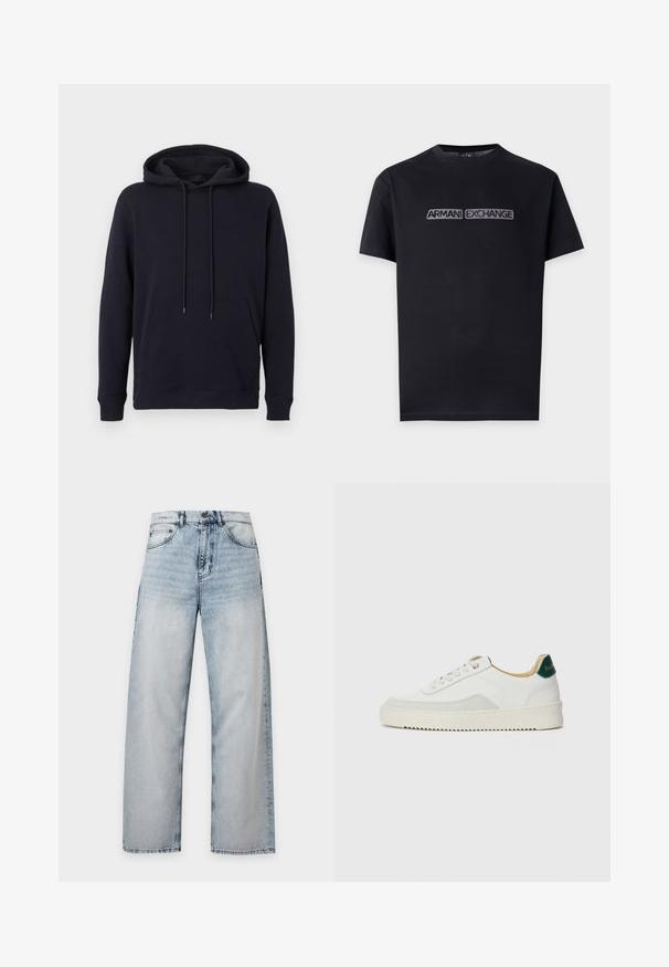 Sweat à capuche noir avec poche avant, manches longues, poignets côtelés et capuche ajustable avec cordon, présenté sur un fond uni.; T-shirt noir manches courtes col rond avec "ARMANI EXCHANGE" brodé en gris sur la poitrine.; Jean en denim bleu clair délavé, coupe droite, design classique cinq poches, fermeture par bouton à la taille.; Baskets blanches avec des accents en daim, bout arrondi, lacets plats et semelle en caoutchouc crème. Présente une marque verte sur le talon.