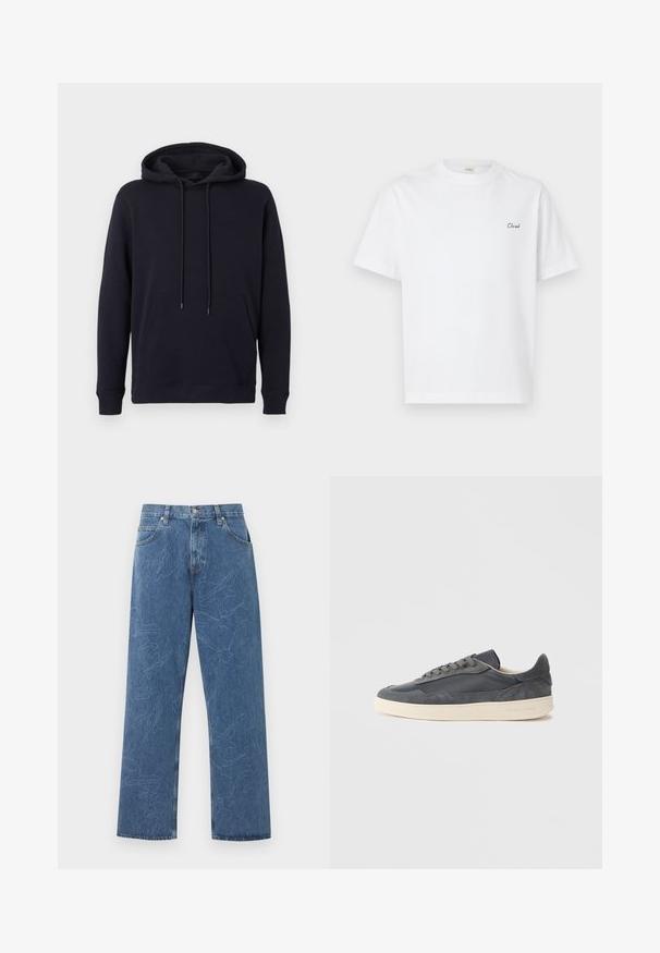 Sweat à capuche noir avec poche avant, manches longues, poignets côtelés et capuche ajustable avec cordon, présenté sur un fond uni.; T-shirt blanc en coton avec manches courtes et col ras du cou, arborant un petit logo texte noir "Cloud" brodé sur le côté gauche de la poitrine.; Jean droit bleu avec des motifs abstraits de feuilles subtilement brodés et un design classique à cinq poches sur un fond clair.; Baskets gris foncé en cuir et daim avec une conception basse, dotées d'une semelle en caoutchouc de couleur crème et de lacets plats.