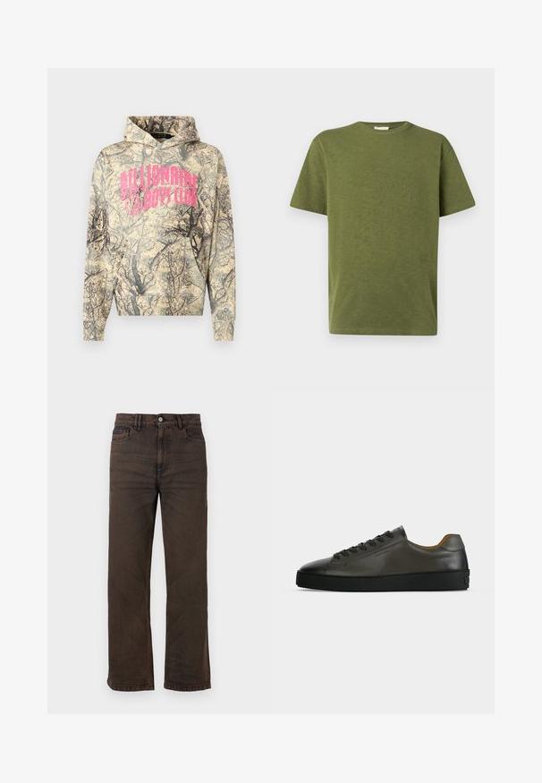 Φούτερ με κουκούλα καμουφλάζ σε μπεζ και μαύρο χρώμα με ροζ λογότυπο "Billionaire Boys Club", διαθέτει τσέπη τύπου καγκουρό και κουκούλα με κορδόνι.; Λαδί βαμβακερό T-shirt με άνετη εφαρμογή, στρογγυλή λαιμόκοψη και κοντά μανίκια. Διαθέτει διακριτική λεπτομέρεια με κείμενο στην αριστερή μπροστινή πλευρά.; Σκούρο καφέ τζιν με ίσια γραμμή, μπροστινές τσέπες, θηλιές για ζώνη και κλείσιμο με κουμπιά σε μονόχρωμο φόντο.; Χαμηλό σκούρο γκρι δερμάτινο αθλητικό παπούτσι με μαύρα κορδόνια και σόλα, μινιμαλιστικός σχεδιασμός, προφίλ από τη πλευρά σε απλό ανοιχτό φόντο.