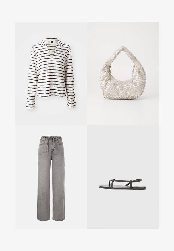 Kragenoberteil mit langen Ärmeln in Creme mit marineblauen horizontalen Streifen. Der Stoff wirkt strukturiert, hat einen V-Ausschnitt und eine lockere Passform.; Hoch taillierte, weit geschnittene graue Jeans aus Denim mit einem vorn gebundenen Stoffgürtel und Vordertaschen.; Schwarze flache Sandalen mit dünnen, strukturierten Riemen und einem minimalistischen Design. Die Sohle ist glatt und die gesamte Form ist schlank und zurückhaltend.; Silberne Netzhandtasche mit runder Form, texturiertem Finish und einem geschwungenen Griff. Es sind Kettenakzente vorhanden, sowie ein weicher, geraffter Körper.