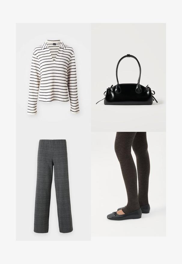 Krave langærmet top i creme med marineblå vandret striber. Materialet ser tekstureret ud, med V-hals og afslappet pasform.; Vero Moda VMBERLIN WIDE PANT - Bukser - dark grey/black; Ben iført mørke ribbede leggings kombineret med sorte balletsko med små sløjfedetaljer på hvid baggrund.; Lille sort blank håndtaske med to lange håndtag og snøre-detaljer i siden på en ensfarvet lys baggrund.
