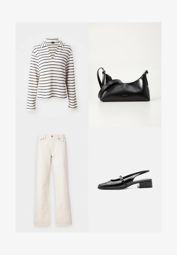 Blusa de manga larga con cuello en crema y rayas horizontales en azul marino. El material parece texturizado, con un escote en V y un corte relajado.; Jeans de pierna ancha y cintura alta hechos de denim beige. Cuentan con bolsillos, un cierre de botón en la parte frontal y costuras en contraste a lo largo de las costuras.; Zapato slingback de charol negro con tacón bajo y grueso y una fina correa con hebilla de plata en la parte superior.; Bolso de mano de cuero negro con una textura suave. Cuenta con una correa ajustable y un diseño elegante y minimalista con cierre de cremallera.